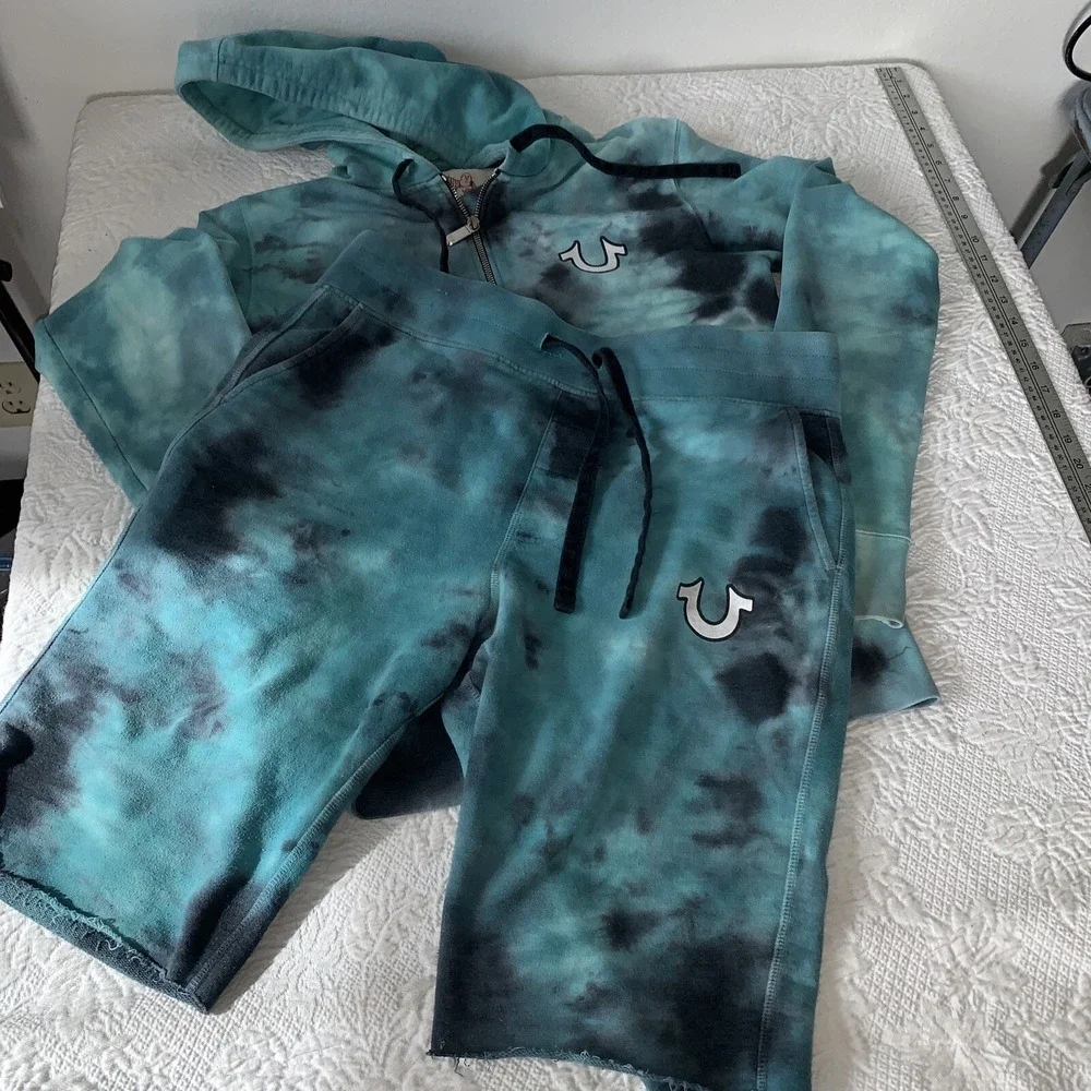 True Religion Men's Tie Dye Activewear Sweat Shorts Full Zip Hoodie Turquoise‎